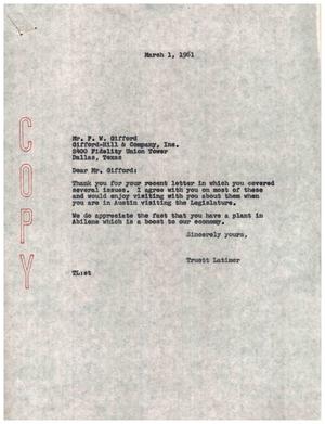[Letter from Truett Latimer to P. W. Gifford, March 1, 1961]
