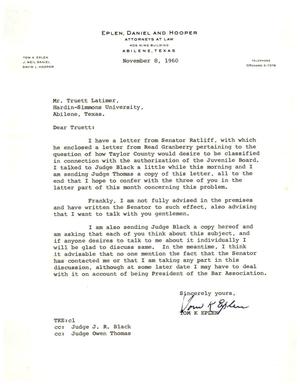 [Letter from Tom K. Eplen to Truett Latimer, November 8, 1960]