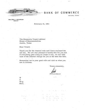 [Letter from Walter A. Woodrum to Truett Latimer, February 16, 1961]