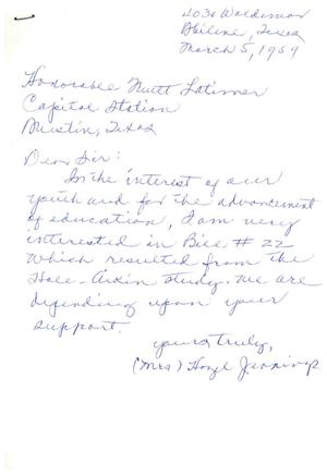 [Letter from Hazel Jennings to Truett Latimer, March 5, 1959]