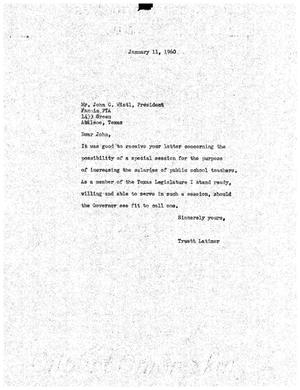 [Letter from Truett Latimer to John G. Wistl, January 11, 1960]