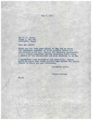 [Letter from Truett Latimer to A. W. Scott, May 8, 1961]