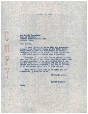 [Letter from Truett Latimer to Garvin Beauchamp, March 16, 1961]