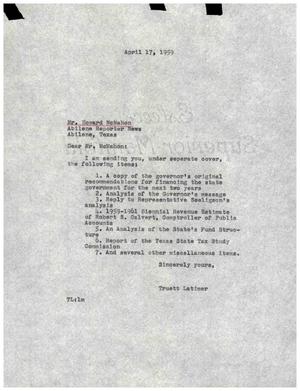 [Letter from Truett Latimer to Howard McMahon, April 17, 1959]