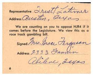[Postcard from Mrs. Grace Ferguson to Truett Latimer, 1961]