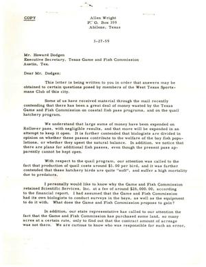[Letter from Allen Wright to Howard Dodgen, March 27, 1959]