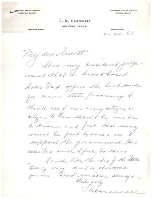 [Letter from T. N. Carswell to Truett Latimer, February 20, 1961]