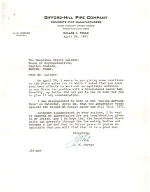 [Letter from J. W. Porter to Truett Latimer, April 24, 1961]