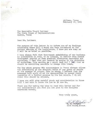 [Letter from H. H. Madison to Truett Latimer, February 20, 1961]