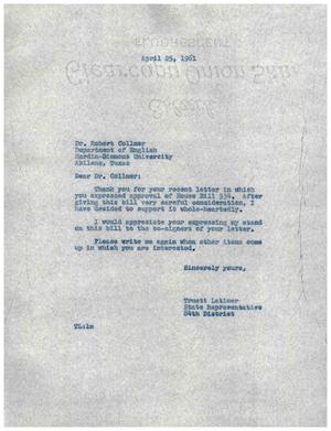 [Letter from Truett Latimer to Robert Collmer, April 25, 1961]
