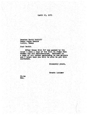 [Letter from Truett Latimer to David Ratliff, April 13, 1961]