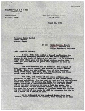 [Letter from Crutchfield & Rhodes to Price Daniel, March 10, 1961]