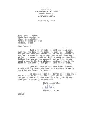 [Letter from Arthur A. Klein to Truett Latimer, October 6, 1961]