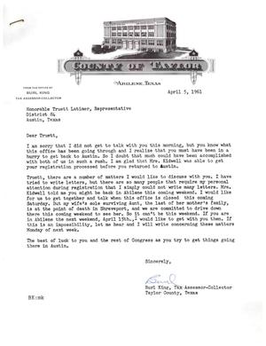 [Letter from Burl King to Truett Latimer, April 5, 1961]