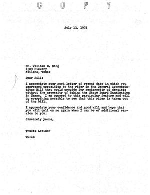 Primary view of object titled '[Letter from Truett Latimer to William E. King, July 13, 1961]'.