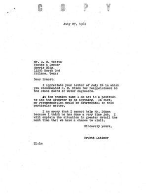 [Letter from Truett Latimer to E. B. Yeatts, July 27, 1961]