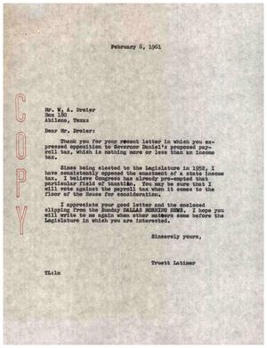 [Letter from Truett Latimer to W. A. Dreier, February 6, 1961]