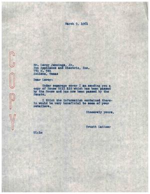 [Letter from Truett Latimer to Leroy Jennings, Jr., March 9, 1961]