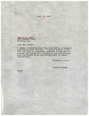 [Letter from Truett Latimer to Mrs. R. L. Berry, April 1, 1959]