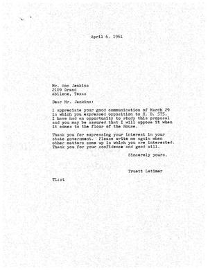 [Letter from Truett Latimer to Ron Jenkins, April 6, 1961]