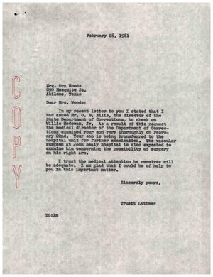 Primary view of object titled '[Letter from Truett Latimer to Ora Woods, February 28, 1961]'.