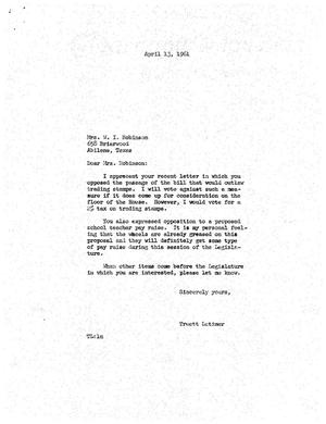 [Letter from Truett Latimer to W. I. Robinson, April 13, 1961]