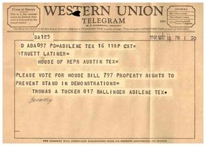 [Telegram from Thomas A. Tucker to Truett Latimer, May 16, 1961]
