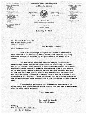 [Letter from Raymond W. Vowell to Stanton J. Barron, Jr., February 26, 1960]
