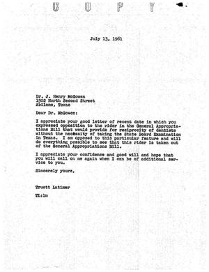 Primary view of object titled '[Letter from Truett Latimer to J. Henry McGowen, July 13, 1961]'.