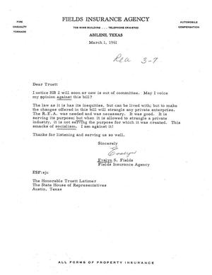 [Letter from Evalyn S. Fields to Truett Latimer, March 1, 1961]