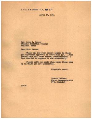 [Letter from Truett Latimer to Mrs. Dale C. Hasser, April 24, 1961]