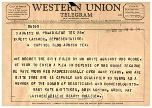 [Telegram from Mary Kate Whittiken, Ruth Ashton, and Audie Fay Latimer to Truett Latimer, March 28, 1959]