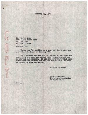 Primary view of object titled '[Letter from Truett Latimer to Wally Akin, January 23, 1961]'.