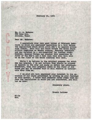[Letter from Truett Latimer to J. G. McKeown, February 21, 1961]