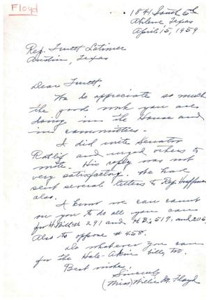 [Letter from Willie M. Floyd to Truett Latimer, April 15, 1959]