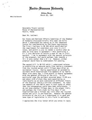 [Letter from E. W. Bailey to Truett Latimer, March 22, 1961]