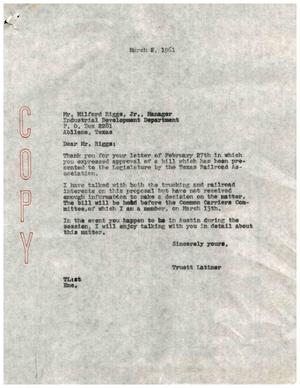 [Letter from Truett Latimer to Milford Riggs, Jr., March 2, 1961]