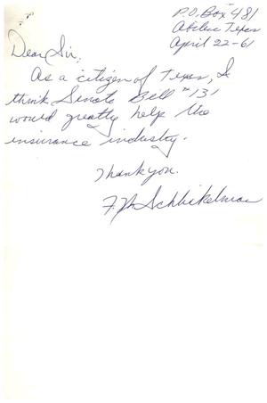 [Letter from F. W. Schliekelman to Truett Latimer, April 22, 1961]