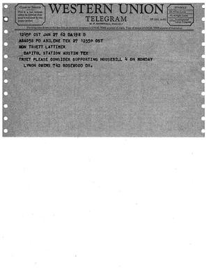 [Telegram from Lynon Owens, January 27, 1962]