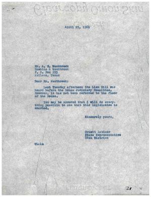 [Letter from Truett Latimer to A. M. Westbrook, April 25, 1961]