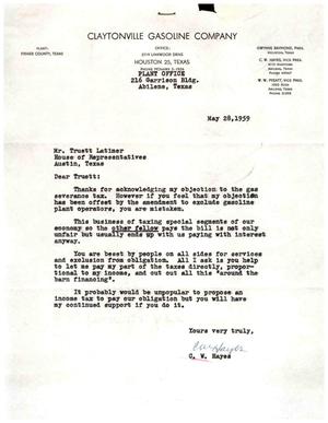 [Letter from C. W. Hayes to Truett Latimer, May 28, 1959]