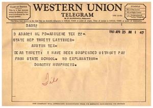 [Telegram from Dorothy Humphreys, April 23, 1961]