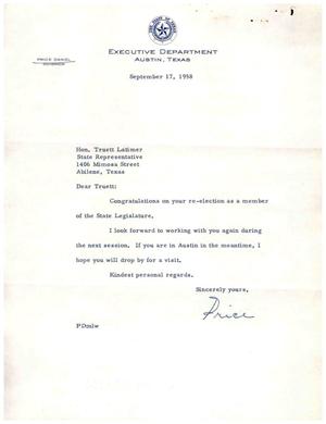 Primary view of object titled '[Letter from Price Daniel to Truett Latimer, September 17, 1958]'.