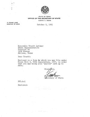 [Letter from P. Frank Lake to Truett Latimer, October 3, 1961]