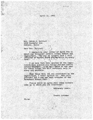 [Letter from Truett Latimer to Edith K. Ballard, April 11, 1961]