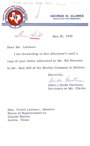 Primary view of object titled '[Letter from Ouida Gartman to Truett Latimer, May 26, 1961]'.