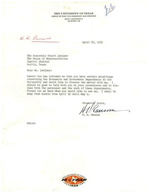 [Letter from H. H. Ransom to Truett Latimer, April 27, 1959]