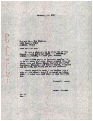 [Letter from Truett Latimer to Mr. and Mrs. Bob Dickson, February 21, 1961]