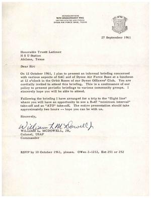 [Letter from William L. McDowell, Jr. to Truett Latimer, September 27, 1961]