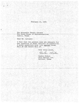 [Letter from Verlon Gideon to Truett Latimer, February 21, 1961]